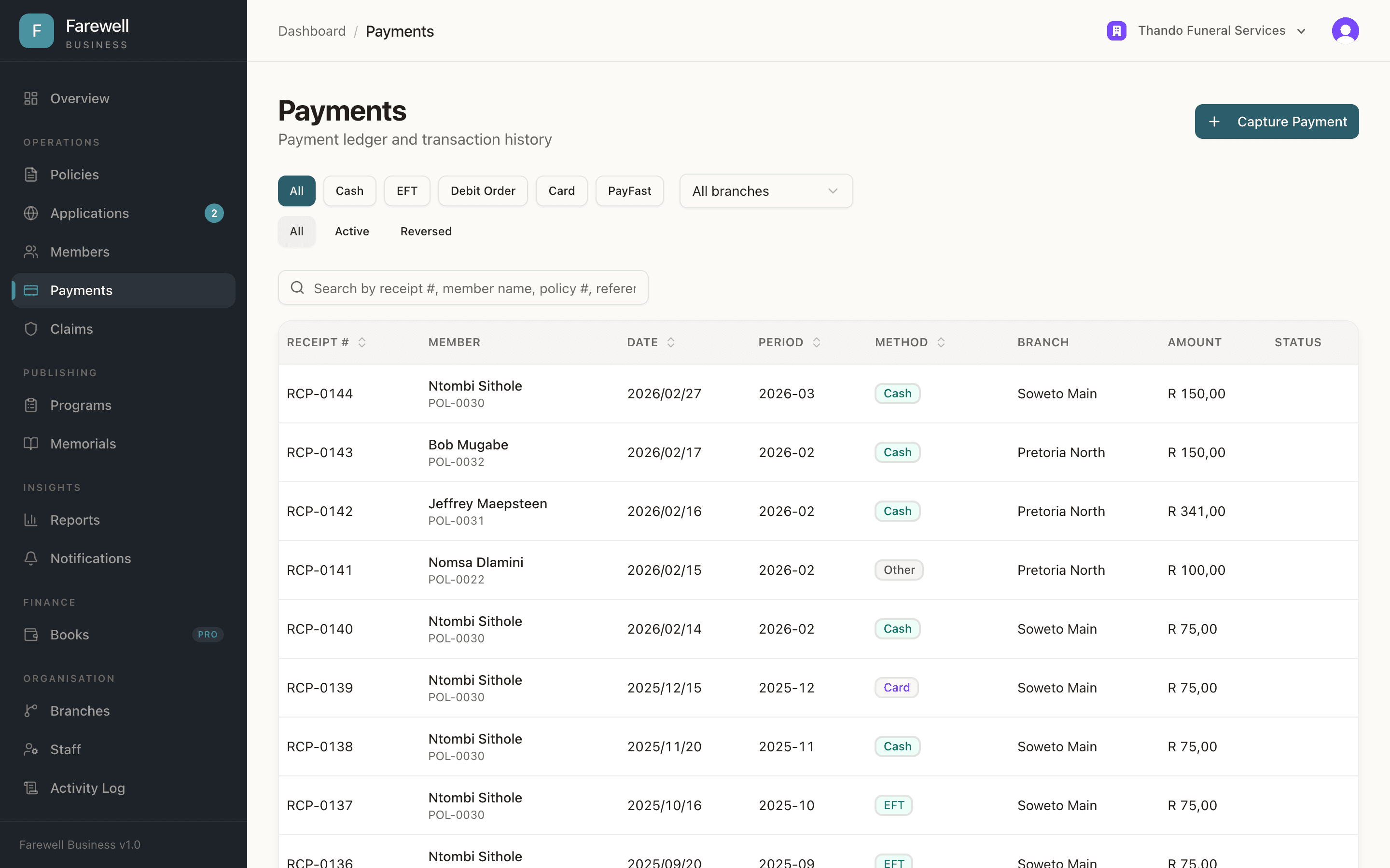 Payment ledger showing receipts, members, dates, methods, branches, and ZAR amounts