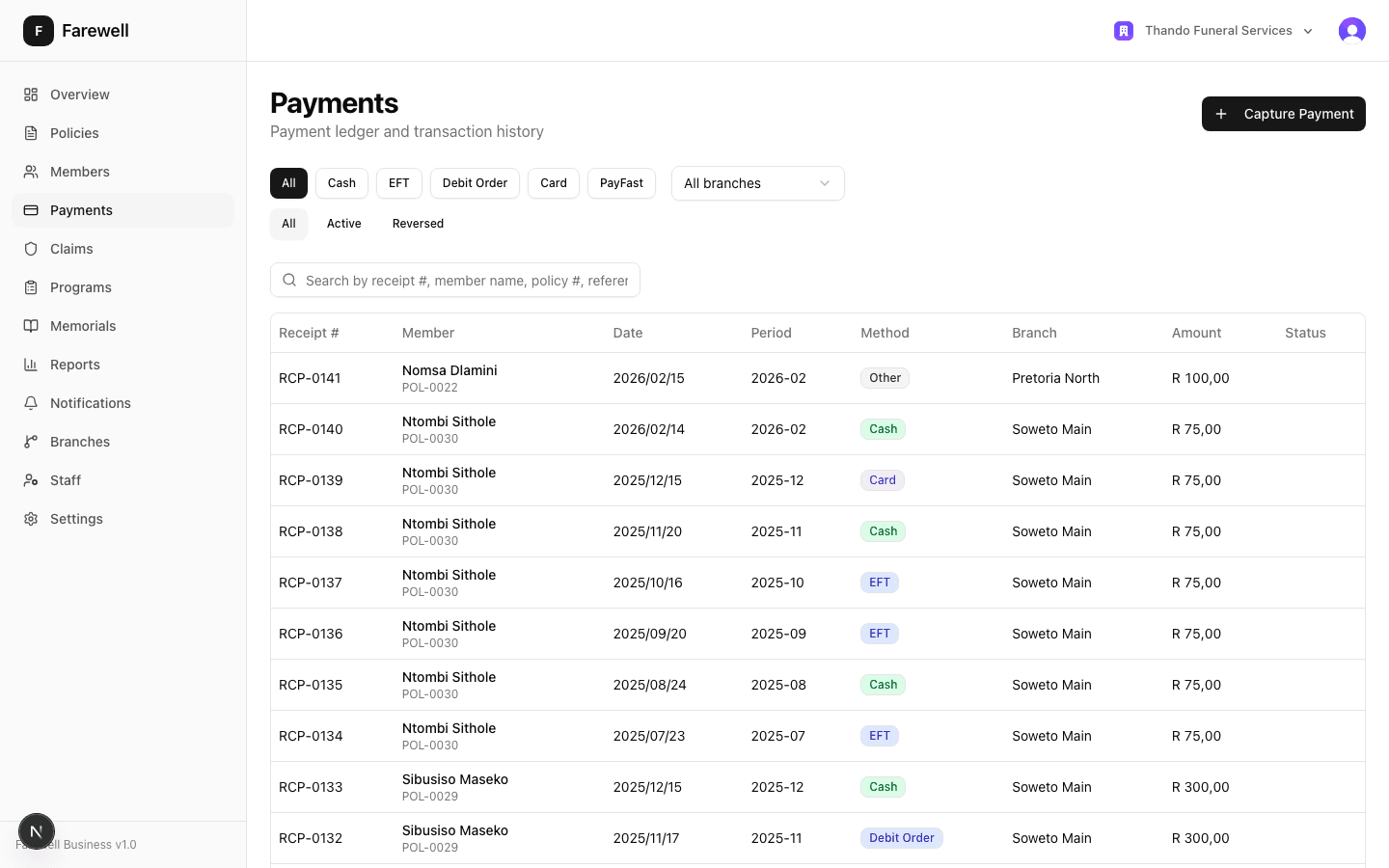 Payment ledger showing receipts, member names, dates, methods, branches, and amounts in ZAR