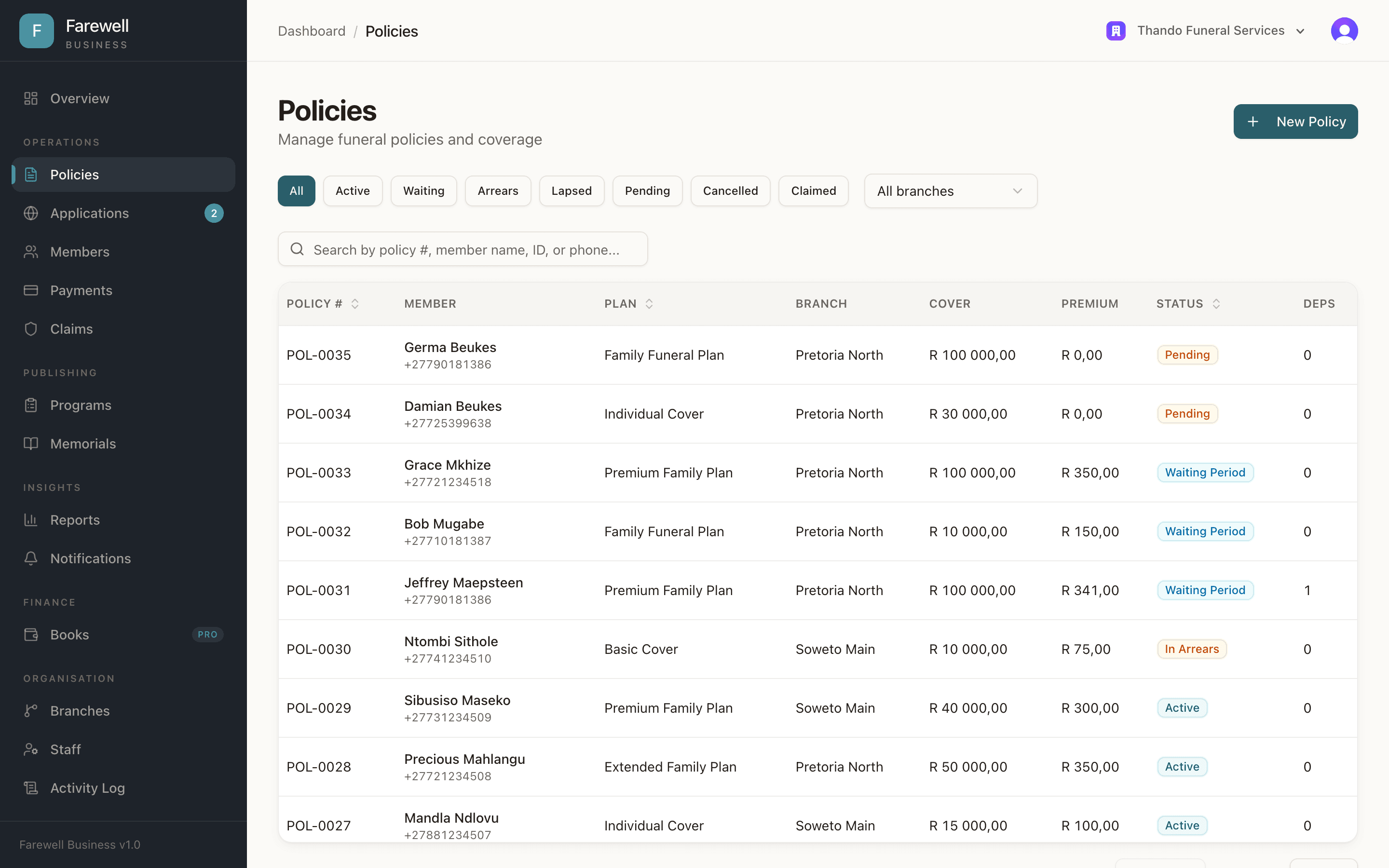 Policy management view with status filters, search, and branch assignment