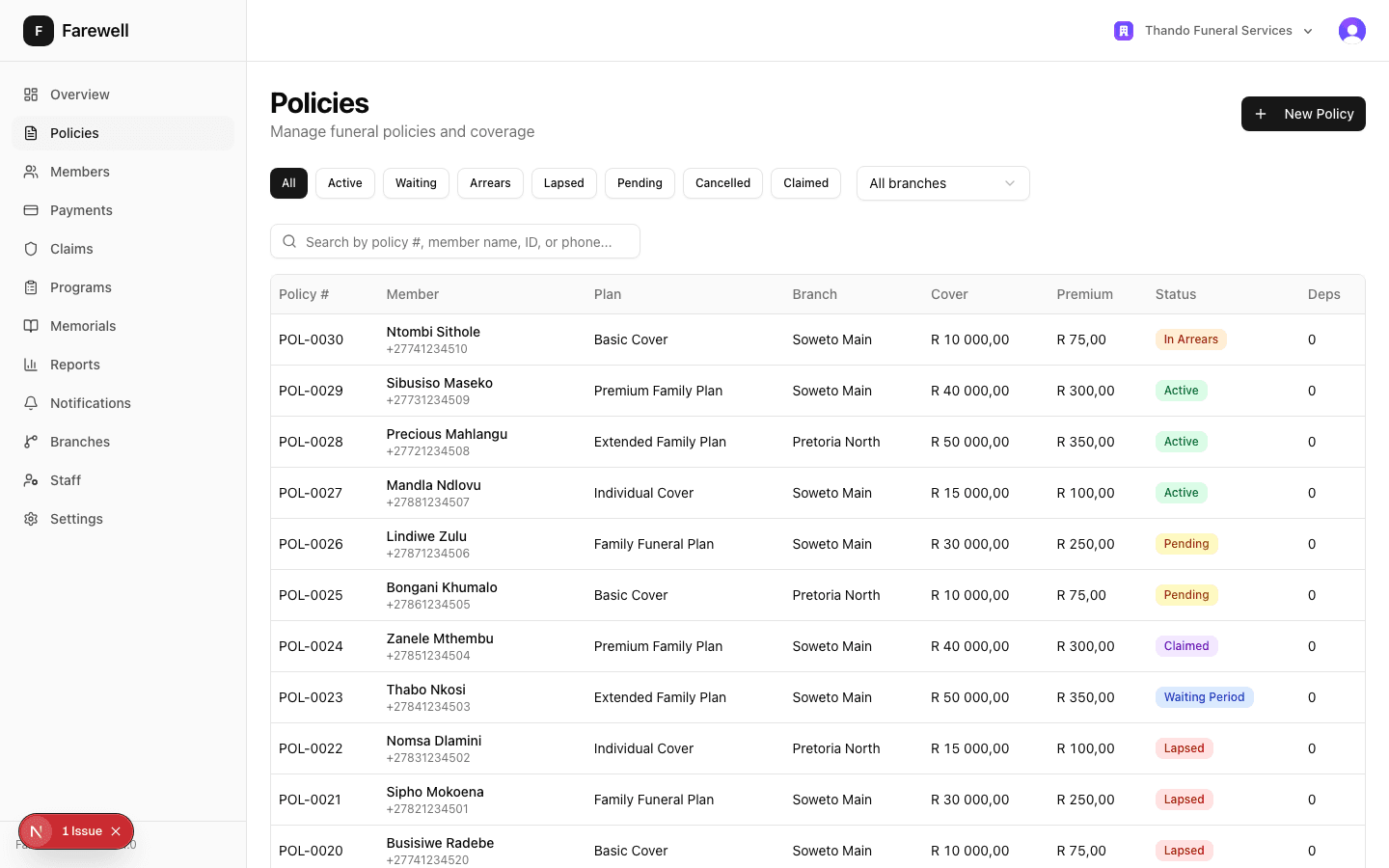 Policy management view with status filtering, search, and branch assignment