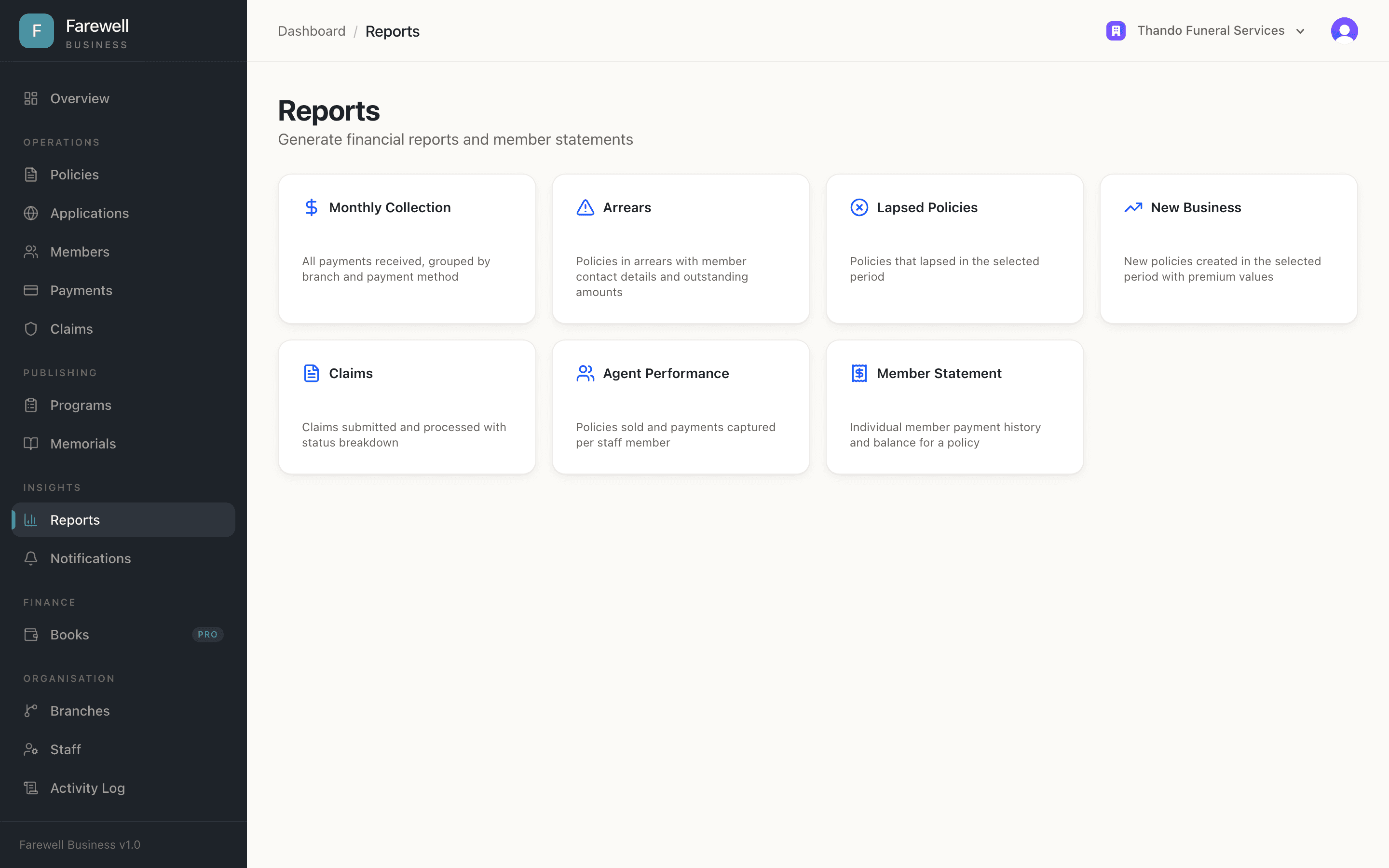 Reports hub with seven report types including collections, arrears, lapses, and agent performance