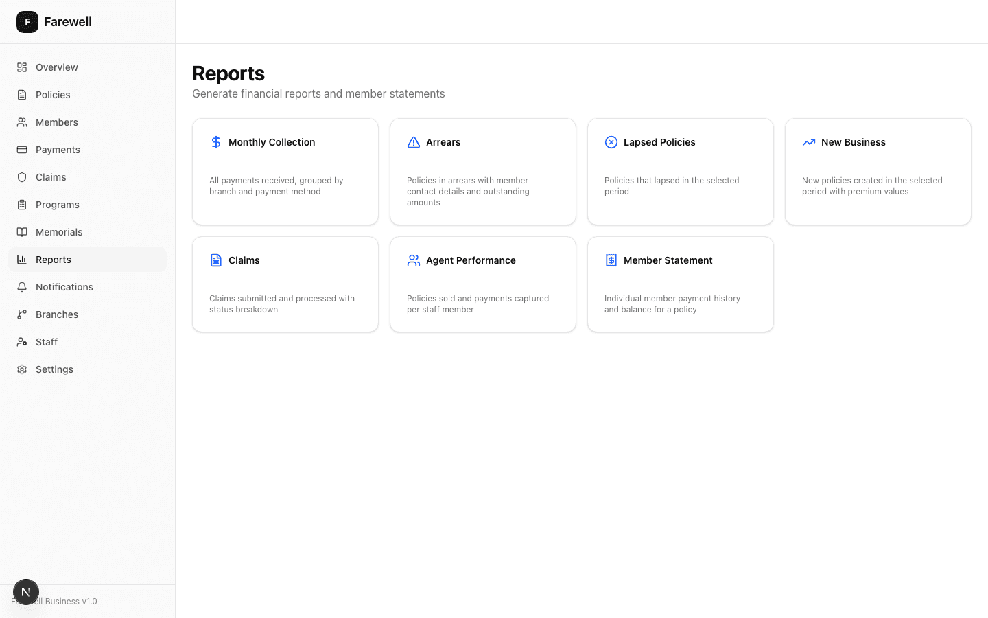 Seven report types including monthly collections, arrears, lapsed policies, and agent performance